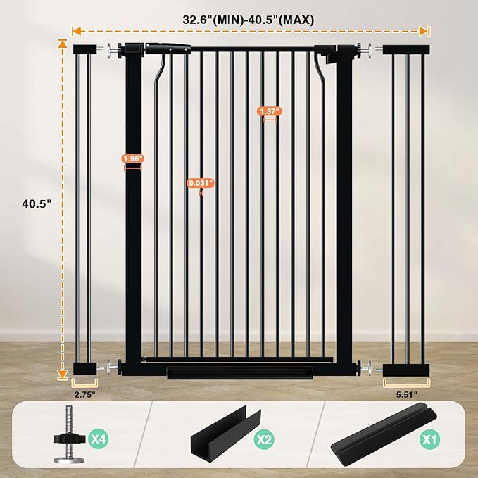 40.5" Extra Tall Baby Gate for Doorways, 32.6"-40.5" Extra Wide Pet Gate Pressure Mounted, Puppy Dog Gates Proof Indoor, No Drill Safety Child Gate, 1.37" Narrow Space Metal Black Gate