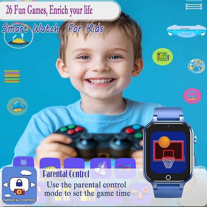 Goodatech Smart Watch for Kids 4-12 Years Boys Girls, 26 Puzzle Games,Camera,Video Music Player,Pedometer,Flashlight,Alarm Clock, Learning Education Toys Gifts (Blue)