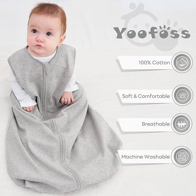 Yoofoss Baby Sleep Sack 12-18 Months 100% Organic Cotton 0.5 TOG Baby Sleeping Bag 2-Way Zipper Toddler Wearable Blankets 3 Pack Breathable Lightweight (Large)