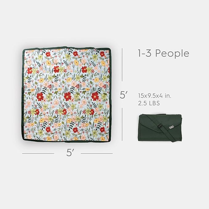 Little Unicorn 5'x5' Outdoor Family Picnic & Beach Blanket | Durable & Water-Resistant Fabric | Compact Fold & Easily Wipes Clean | Zipper Pocket (Primrose Patch)
