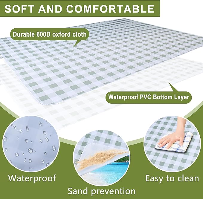 80"x80" Extra Large Waterproof Outdoor Mat - Sandproof Foldable Picnic Blanket for Family Camping, Backyard, Beach Parties - Heavy Duty & Easy Storage (Green&White)