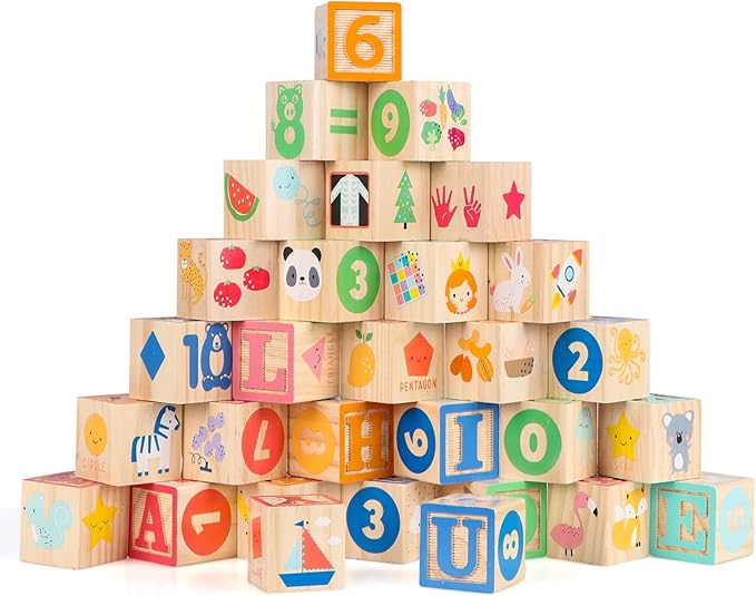 Joqutoys Wooden Building Blocks for Toddlers 1-3, Large Wood Baby Stacking Blocks Set for Kids, 30 PCS Alphabet Blocks with Toy Wagon, Educational Wooden Toys for Boys Girls Gifts 1.65"