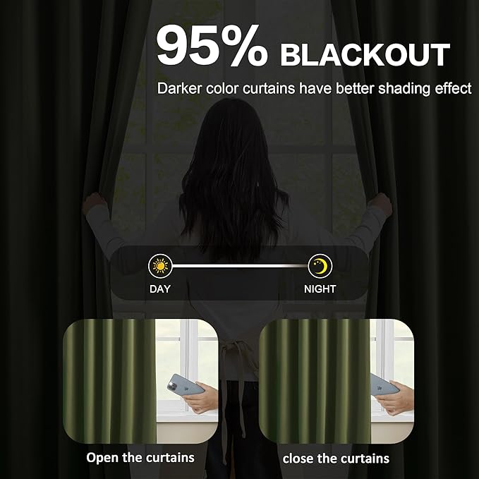 KEQIAOSUOCAI Olive Pinch Pleated Curtains 120 Inches Long, Blackout Dark Out Curtain for Living Dining Room Light Blocking Window Draperies(Dark Olive,40x120,2 Panels)