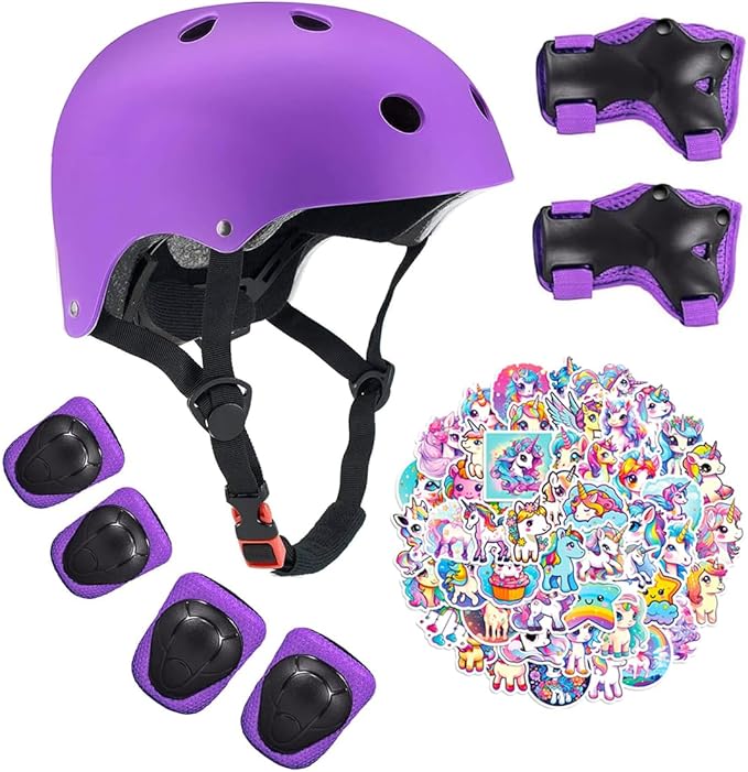 Kids Bike Helmet with Knee Elbow Wrist Pads Guards,Pink,for Ages 2-3-5-8-14,Sports Bicycle,Skate Scooter,Rollerblading with Unicorn Sticker