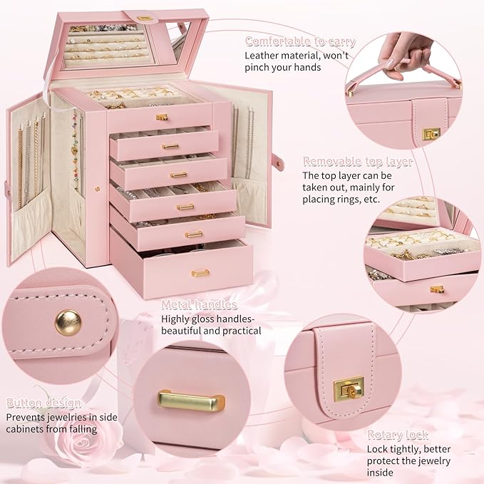 AKOZLIN Huge Jewelry Box Organizer Functional Extra Large Leather Jewelry Storage Case for Women Girls Ring Necklace Earring Bracelet Holder Organizer with Mirror