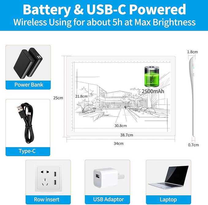 A4 Rechargeable Light Pad, KOBAIBAN Wireless Magnetic Tracing Light Box, 5 Levels Brightness LED Light Board, Cordless Battery Powered Light Drawing Table for 5D DIY Diamond Painting, Sketching(White)