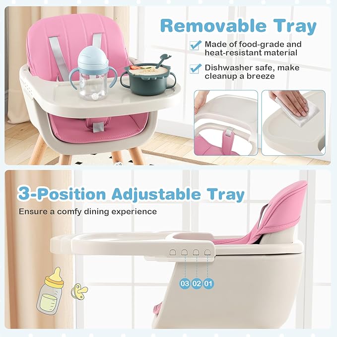 HONEY JOY High Chair, 3-in-1 Eat & Grow Wooden Highchair/Booster Seat/Toddler Chair with Removable Tray, 5-Point Harness, PU Cushion and Footrest for Baby, High Chair for Babies and Toddlers(Pink)