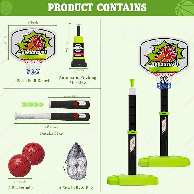 3 in 1 Toddler Basketball Hoop and Tee Ball Set for Boys: Kids Baseball Tee with Automatic Pitching Machine Adjustable Height Indoor and Outdoor Sports Toys Christmas Birthday Gifts for Boy Age 3-12