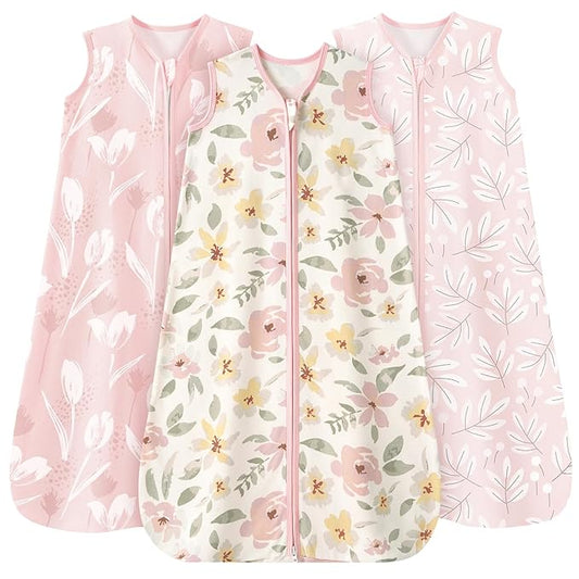 Baby Sleep Sack 6-12 Months 3 Pack 100% Cotton Lightweight 0.5 TOG Wearable Blanket Baby Sleep Bag with 2-Way Zipper for Newborn Infant Pink Flowers & Leaf