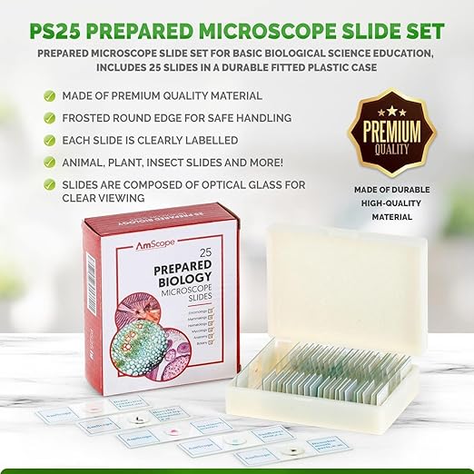 AmScope 25pc Prepared Glass Microscope Slides in Plastic Case with Plant, Fungus, Insect and Mammal Specimens