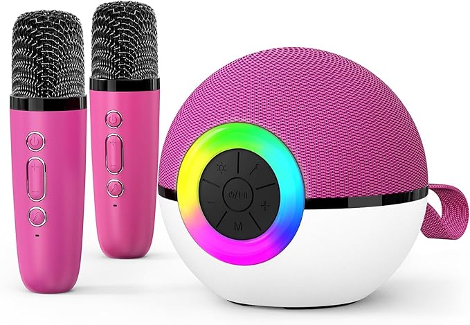 goopow Mini Karaoke Machine Speaker for Kids Adults, Portable Bluetooth Microphone Song Toys with LED Light, Best Chritmas Birthday Festival Gift for 3 4 5 6 7 8+ Year Old Girls Boys (Hotpink-2MIC)