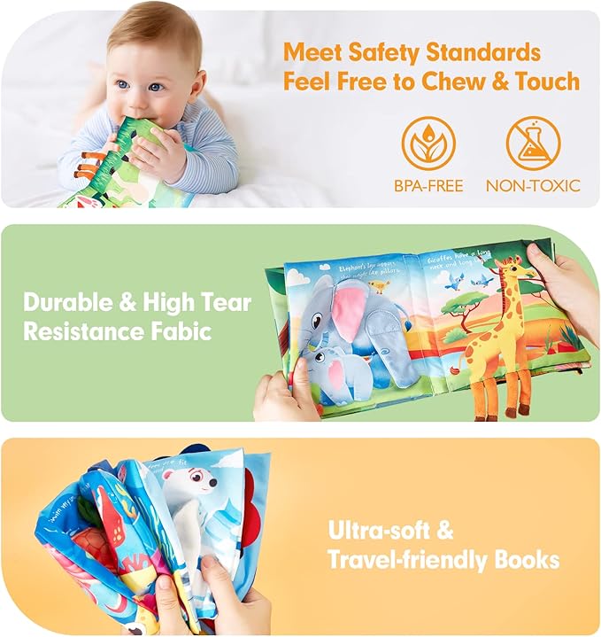 hahaland Baby Books 0-6 Months - 2 PCS Sensory Montessori Toys for Babies 0-6 Months with Crinkle Squeaky Sounds, Mirrors, Teethers - Soft Cloth Tummy Time Book Newborn Infant Toys