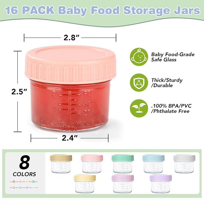 16 Pack Glass Baby Food Storage Containers, 4 oz Leakproof Baby Food Jars with Lids, Small Glass Food Containers for Infant Baby, Freezer & Microwave Safe, BPA Free