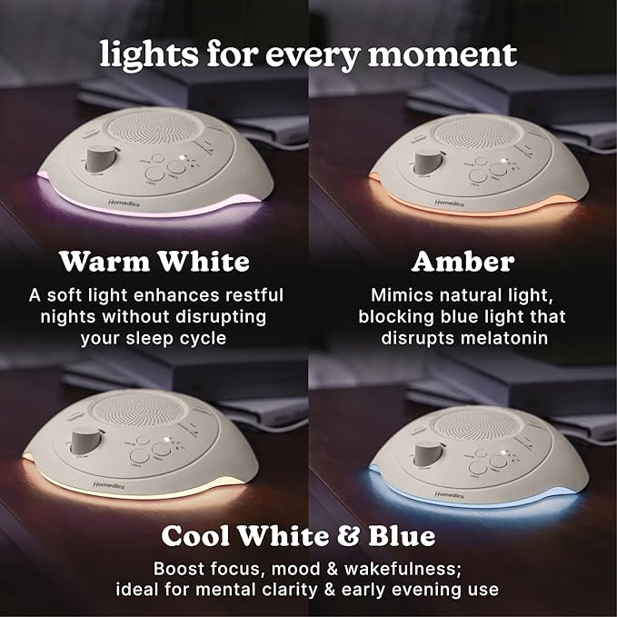 Homedics Sleep Better Portable Sound Machine, Night Light,12 Soothing Sounds Including White Noise, Rain, and Thunderstorm, Ultra-Portable Design, Auto-Off Timer, Ideal for Travel & Baby Sleep, Cream
