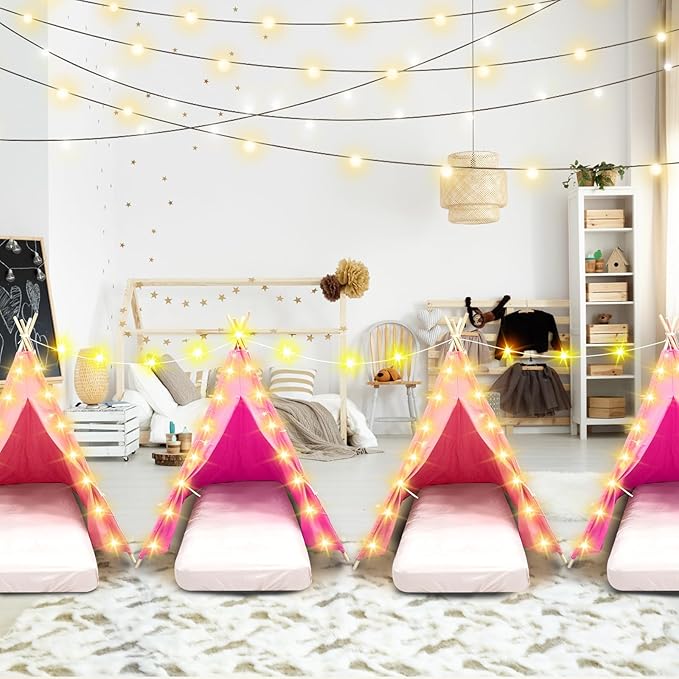 6 Pack Sleepovers Teepee Tent for Kids Bulk with Mattress Sheet Light,Natural Cotton Washable Indoor Play Tent for Birthday Slumber Party Girls Boys Pajama Movie Night Supplies(Pink, Rose Red)