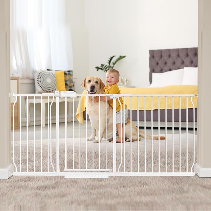 30" Tall Extra Wide Baby Gates for Doorways & Stairs - Large, Long Pressure Mounted Metal Safety Gates for Kids & Dogs - White (71.5-76.38 Inch)