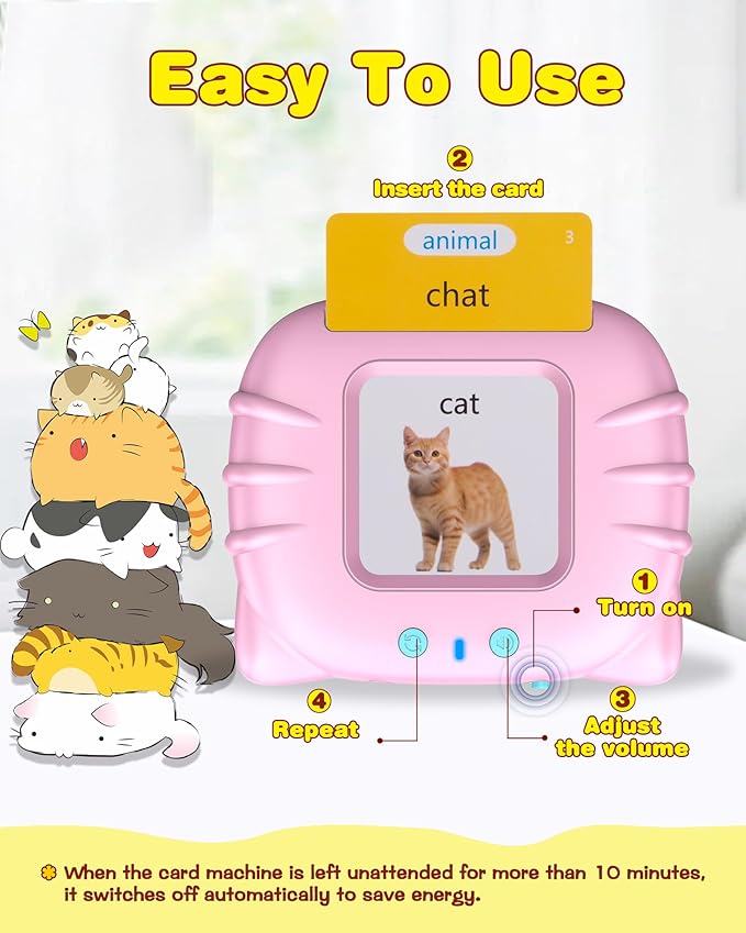 510 Words French Flash Cards for Kids, Toddler Learning Resources Toy, Autism Sensory Toys for Autistic Children Aged 2-4 Pink (French/English/Bilingual)