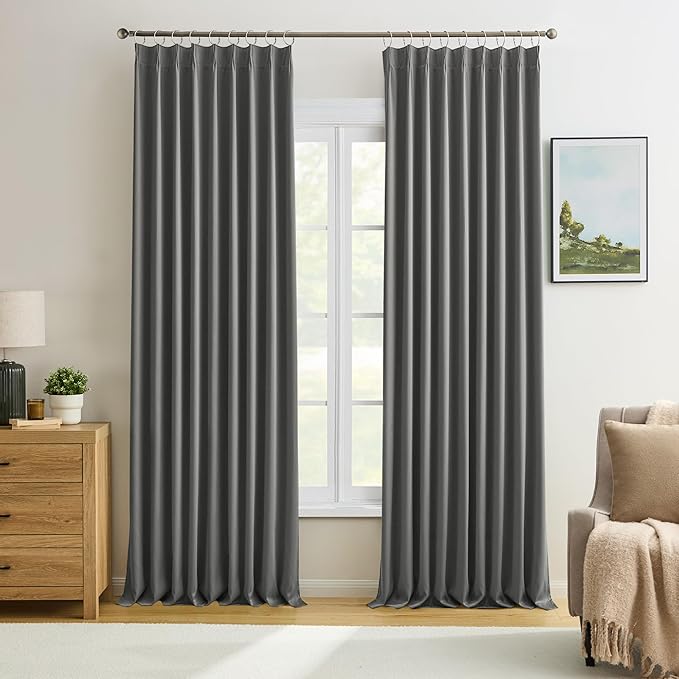 Grey Blackout Curtains 90 Inches Long 2 Panels Set, 60 Inch Wide Pinch Pleated Curtain with Hooks,Thermal Insulated Room Darkening Vertical Window Treatments for Living Room Bedroom 60 x 90