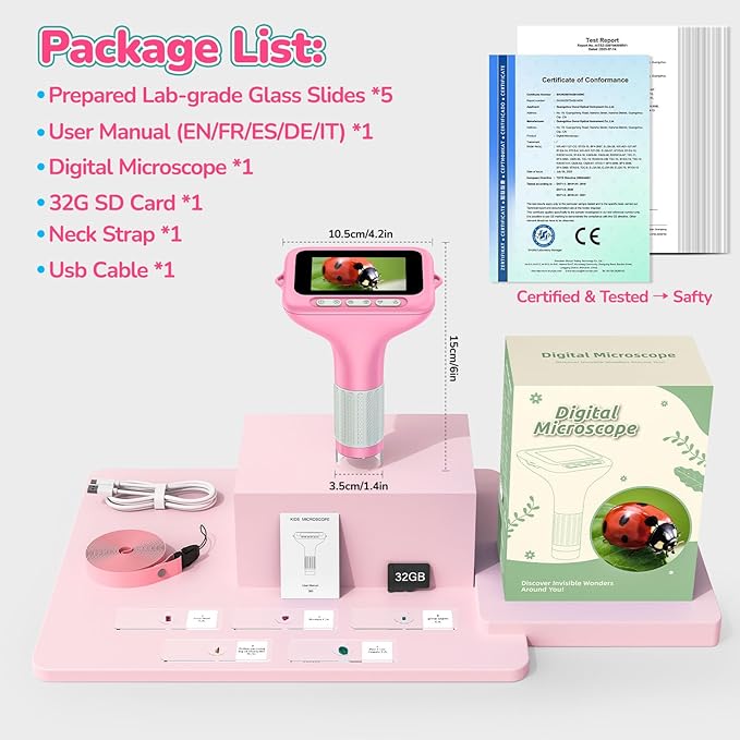 3" Screen Digital Microscope for Kids: 1000X Rechargeable Mini Pocket Portable Miniscope Magnifying Glass 4K Coin Jewelry Loupe Edu Science STEM Toy Xmas Gift 4-12 Boys Girls