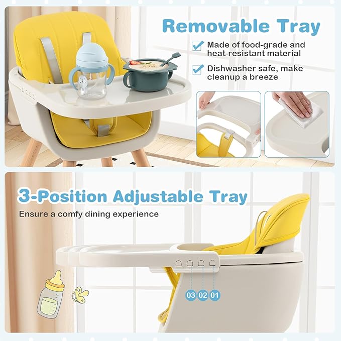 HONEY JOY High Chair, 3-in-1 Eat & Grow Wooden Highchair/Booster Seat/Toddler Chair with Removable Tray, 5-Point Harness, PU Cushion and Footrest for Baby, High Chair for Babies and Toddlers Yellow