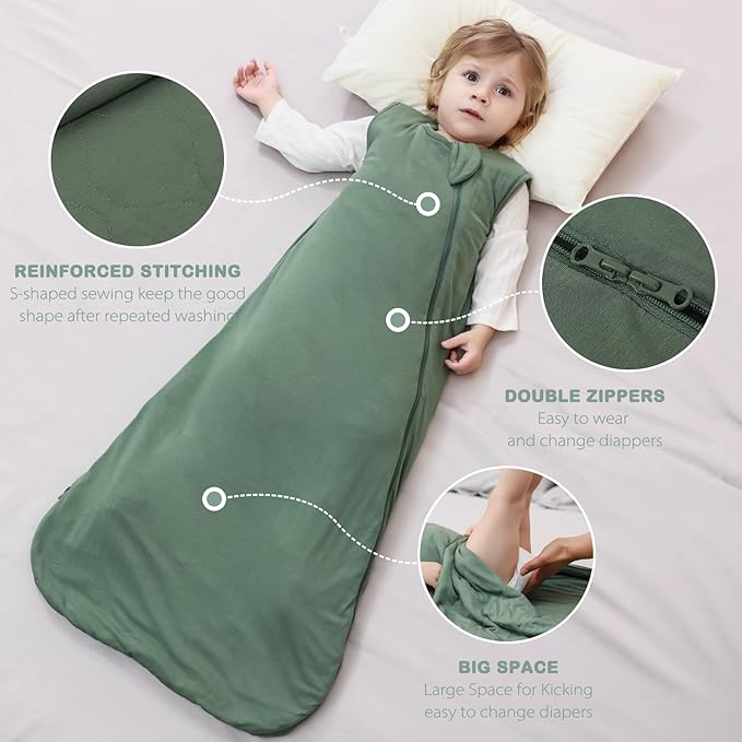 Mosebears Unisex Baby Sleep Sack 1.0 TOG, Supersoft Rayon Made from Bamboo Wearable Blanket with 2-Way Zipper (Dark Green,18-36 Months)