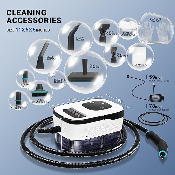 Handheld Pressurized Steam Cleaner. 4Bar for Home, Kitchen, Bathroom, 15s Heat-Up, 6 Adjustable Levels, Large 42.27oz Tank, Portable Steamer for Tile, Grout, Floor, Shower, Walls with 12 Accessories