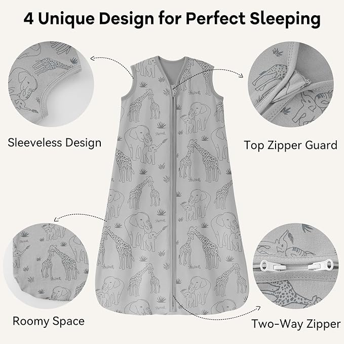 Baby Sleep Sack 12-18 Months 0.5 Tog Wearable Blanket Baby, 3 Pack 100% Cotton Lightweight Sleeping Sack with 2-Way Zipper for Infant Toddler Apricot Gray Green Elephant