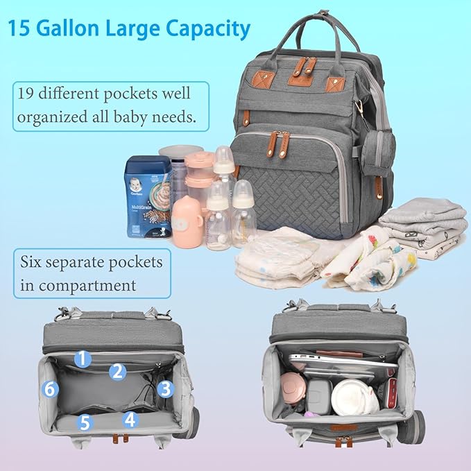Jeryswet Baby Diaper Bags with Changing Station, Waterproof Large Capacity Diaper Bag Backpack for Moms Dads with USB Charging Port and Stroller Straps, Baby Shower Gifts, Grey