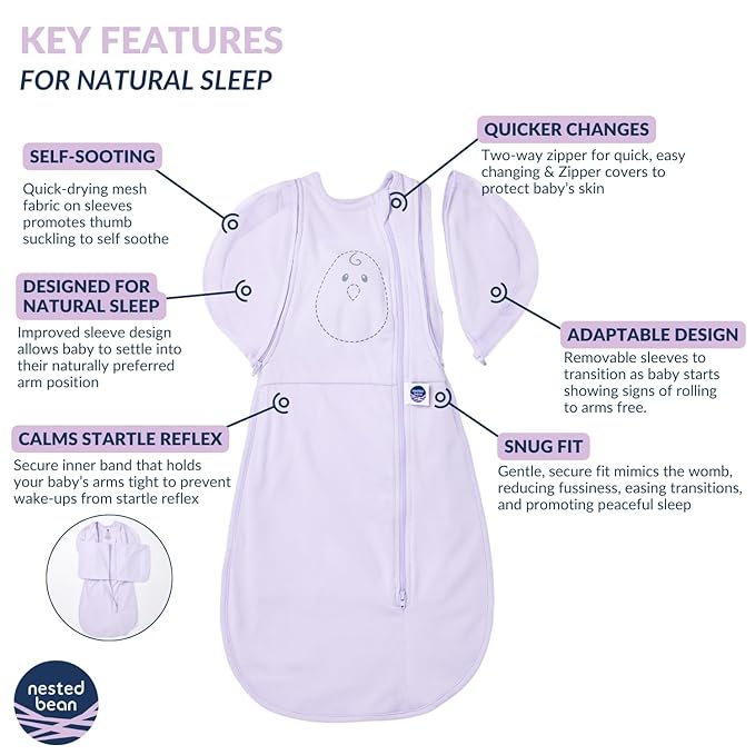 Nested Bean Air 6-in-1 Adaptable Baby Sleep Sack - Unweighted - Comfort & Safety for Natural Sleep, Preferred Arm Position Reduces Startle Reflex, Better for Baby, NB (7-13lbs) Lavender
