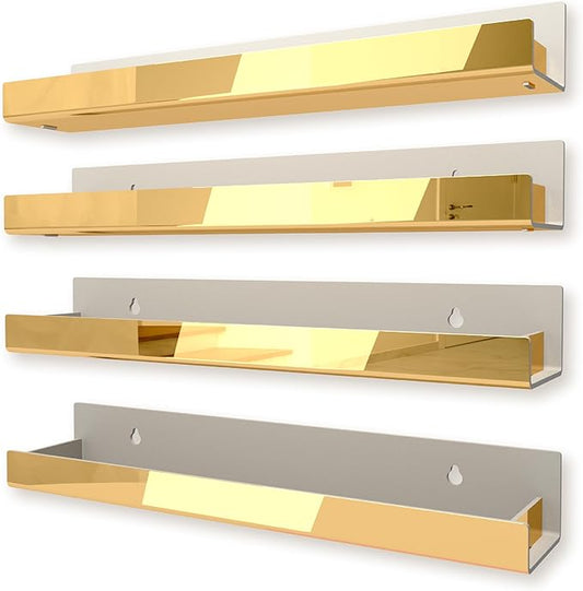4 Pack 15 Inch Gold Reflective Acrylic Shelves, Gold Foating Shelves, Modern Sunglasses Essential Oil Picture Ledge Display Toy Storage Shelf