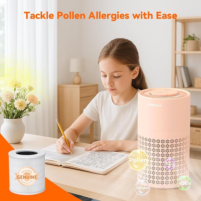 AIRROMI Air Purifier for Bedroom with HEPA 3-in-1 Filter, Pet Air Purifier for Home Cat Pee Smell, Covers Upto 990 Ft², Quiet 360°intake Air Cleaner for pet hair,allergies,Dust,Smoke A2001 Orange