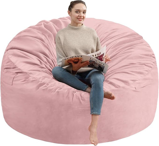 5FT Bean Bag Chair, Large Bean Bag Chairs with Memory Foam Filled, Fluffy Beanbag Sofa with Dutch Velvet Cover, Round BeanBag Chairs for Living Room, Playroom - Light Pink