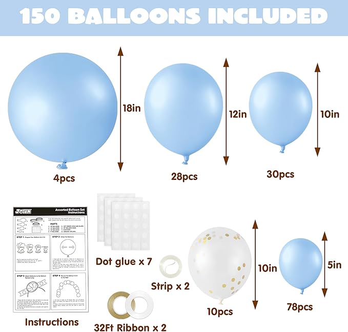 JOYIN 150 Pcs Pastel Blue Balloons, Different Sizes 18 12 10 5 Inch Pastel Blue Latex Balloon Arch Kit with Instruction for Birthday Party Graduation Wedding Holiday Decoration