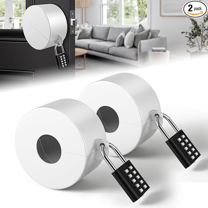 2 Pack Door Knob Lockout Device, Door Knob Cover Lock, Child Proof Door Knob Covers with Combination Padlock, Door Handle Lock for Dementia Elderly Safety, Temporary Door Lock -White
