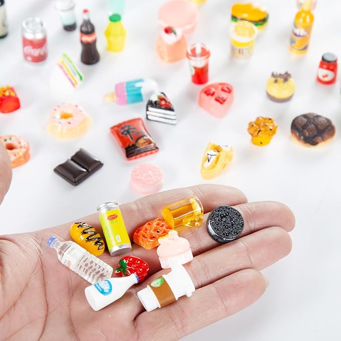 50 Pcs Miniature Food Drink Bottles Soda Pop Cans Pretend Play Kitchen Game Party Accessories Toys Hamburg Cake Ice Cream for 1/12 Doll House (25Food+25Drink)
