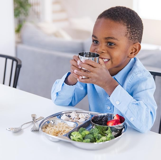 Ahimsa Stainless Steel Kids Plates - Divided Toddler Plates, Pediatrician Designed, Non Toxic Toddler Plate, Camping Plate, BPA Free & Dishwasher Safe (Single)