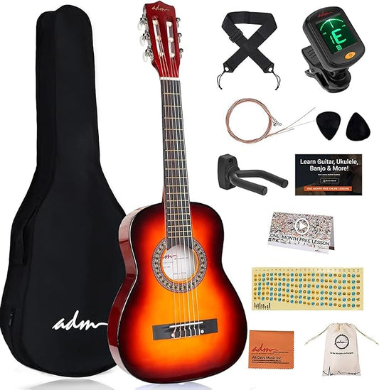 ADM Beginner Acoustic Classical Guitar 30 Inch Nylon Strings Wooden Guitar Bundle Kit for Kid Boy Girl Student Youth Guitarra Online Lessons with Gig Bag, Strap, Tuner, Extra String,Pick,Sunbrust 1