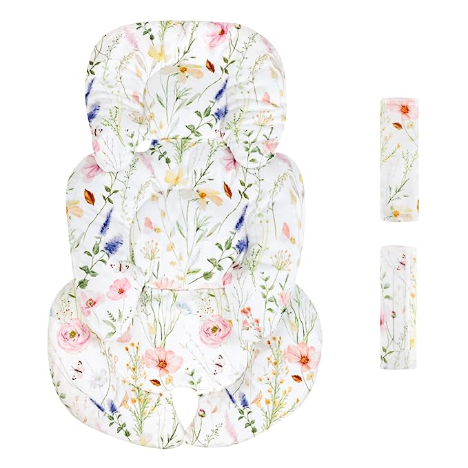 Infant Car Seat Insert, Car Seat Head Support Baby Girls Boys, Soft & Reversible Newborn Carseat Insert Cushion with 2 Strap Covers, for Stroller, Swing, Bouncer (White Wildflowers)