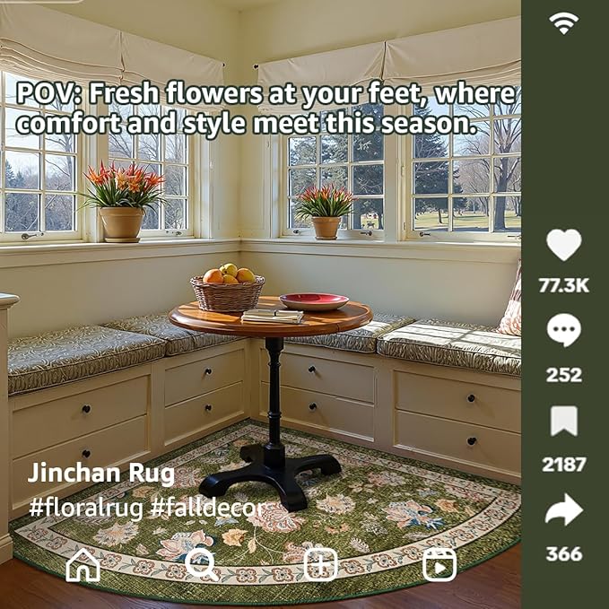 jinchan Floral Corner Rug for Entryway Washable Kitchen Rug Vintage Romance Design Non Slip Quarter Circle Lightweight Low-Pile Throw Carpet for Playroom Reading Nook Nursery, 4ft Radius, Green