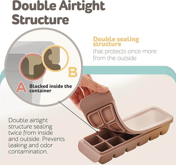 12 Section-0.5oz, Gray 100% Food Grade Silicone Ice Cube Tray Food Container with Airtight Locking Lid, Fruit Vegetable Purees, Breastmilk Storage for Baby & Toddler Food | BPA Free Korea Made