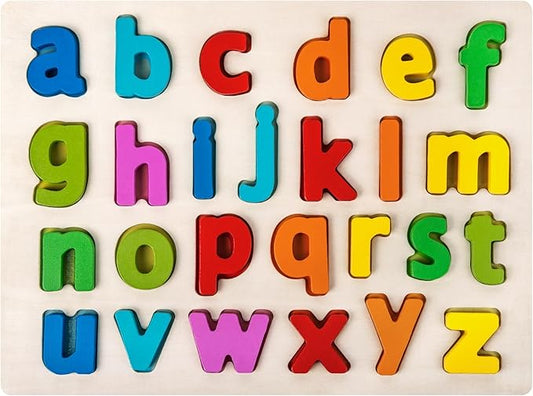 Alphabet Puzzle Wooden Puzzles for Toddlers 3 4 5 Year Old, ABC Puzzle Shape Alphabet Learning Puzzles Toys with Puzzle Board & Letter Blocks for Preschool Girls Boys Lowercase Letter Puzzle