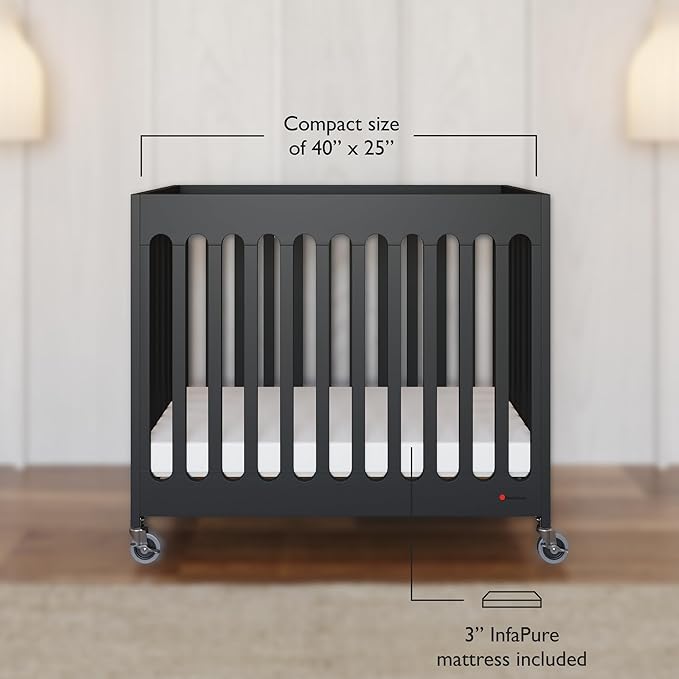 Foundations Boutique Folding Mini Baby Crib - Compact, Portable, Wooden Hotel Crib, Foldable Compact Cribs for Baby & Toddlers - Includes 3" Foam Mattress - Ebony