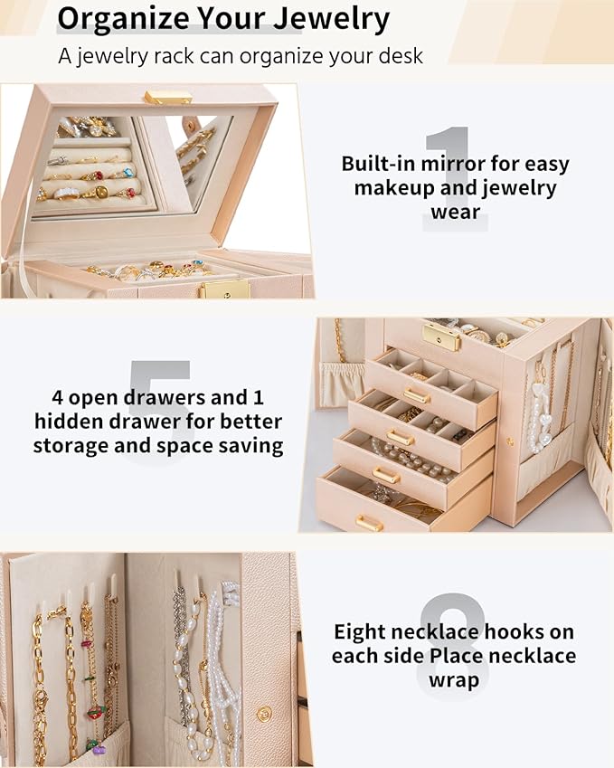 AKOZLIN 5-Tier Jewelry Box Leather Jewelry Storage Organizer with 4 Drawers Lockable for Women Girls Ring Necklace Earring Bracelet Watches Holder with Mirror Champagne