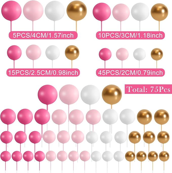75 Pieces Cake Balls Topper Decorations Foam Cupcake Topper Mini Balloon Cake Topper Balls Cake Picks for Cake Deco Birthday Party Wedding（Rose Pink, Pink, Gold, White）