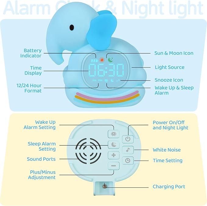 Alarm Clock for Kids with Night Light, Sleep Training Clock Time to Wake Clock, Rechargeable Silicone Light for Bedroom, Perfect Sleep Companion for Boys Girls，Blue Elephant