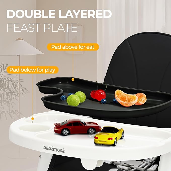 3 in 1 High Chairs, Convertible High Chair for Babies and Toddlers, High Chair with Foot Rest and Double Tray, Compact and Versatile, for Growing Kids, Black