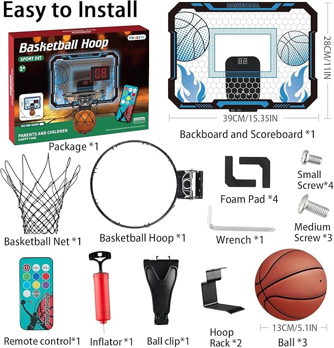 Indoor Basketball Hoop for Kids with Led Lights Mini Basketball Hoop with Remote Control Over The Door Basketball Hoops with Scoreboard Basketball Toys for 4-12 Year Old Boys Girls
