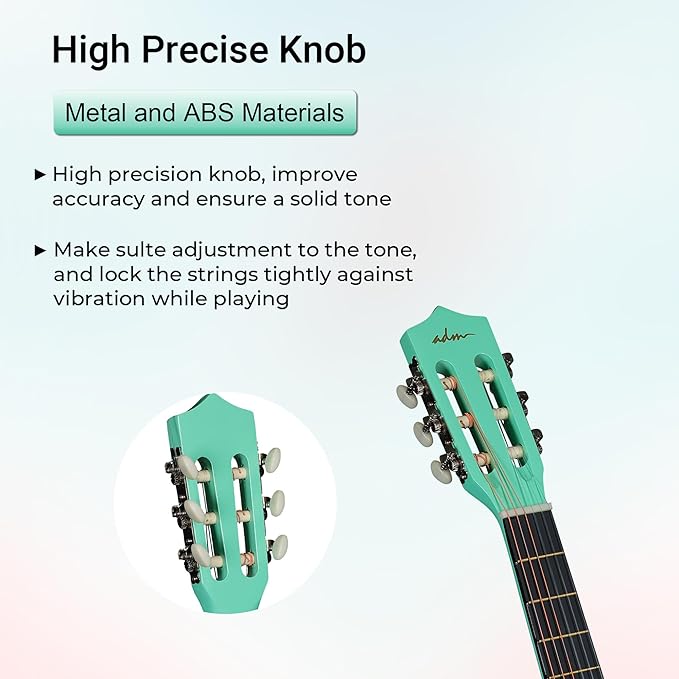 ADM Beginner Acoustic Classical Guitar 38 Inch Nylon Strings Wooden Guitar Bundle Kit for Kid Boy Girl Student Youth Guitarra Online Lessons with Gig Bag, Strap, Tuner, Strings, Cyan Green