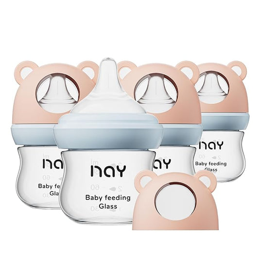Natural Glass Baby Bottle for Breastfeeding Babies, 3oz Newborn Anti-Colic Baby Bottle with Slow Flow Nipples (SS), Clear, Wide Neck, 4 Pack, 0 Months+