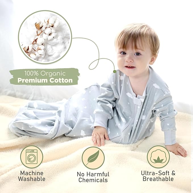 Mama Cheetah Baby Sleep Sack with Sleeves, 0.5 TOG Organic Cotton Wearable Blanket and Two-Way Zipper, Swaddle Transition Long Sleeve Sleeping Bag for Newborn Infant Toddler, 6-12 Months